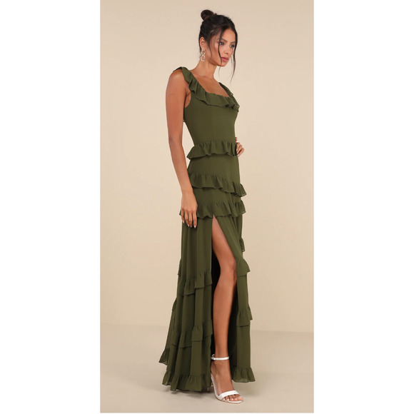 Lulus Olive Green Ruffled Tiered Compelling Romantic Maxi Dress Size S - Picture 8 of 10